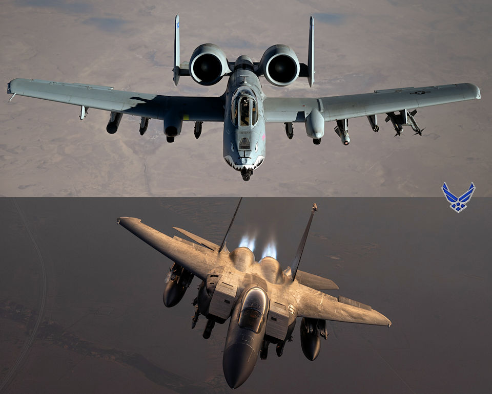 U.S. Air Force A-10 Thunderbolt II and F-15E Strike Eagle pilots conduct a routine combat air patrol overwatch in support of Operation Inherent Resolve (OIR) deterring regional aggression and protecting allies over undisclosed locations within the U.S. Central Command area of responsibility during January 2025. (Image created by USA Patriotism! from U.S. Air Force photos by Staff Sgt. Gerald Willis.)
