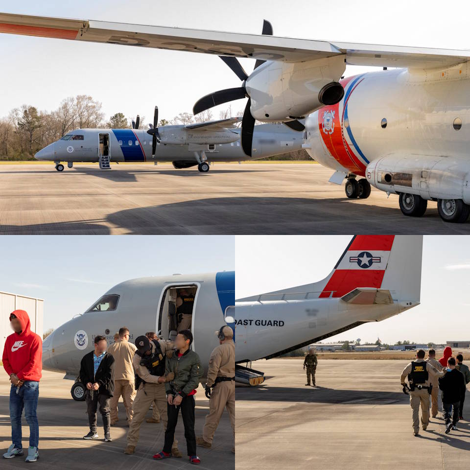 March 6, 2025 – The U.S. Coast Guard with assistance from CBP’s Air and Marine Operations and U.S. Border Patrol conduct alien expulsion flights from Conroe, Texas to San Diego, California. (Image created by USA Patriotism! from U.S. Customs and Border Protection photos by Mani Albrecht, PAO-VCD.)