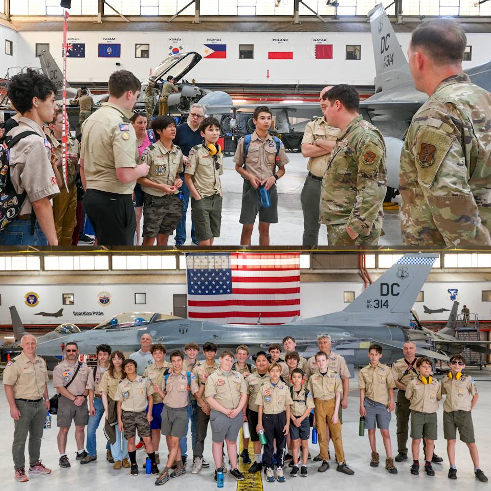 May 3, 2025 - BSA Troop 697 Scouts tour Joint Base Andrews, Maryland that includes interacting with airmen and in front of an F-16 with Old Glory above. The purpose of the tour was to demonstrate and inform the role of the 113th and inspire continued community service. (Image created by USA Patriotism! from courtesy photos by Jeremy Viveros-Baez given to DCANG Tech. Sgt. Melissa Sterling.)