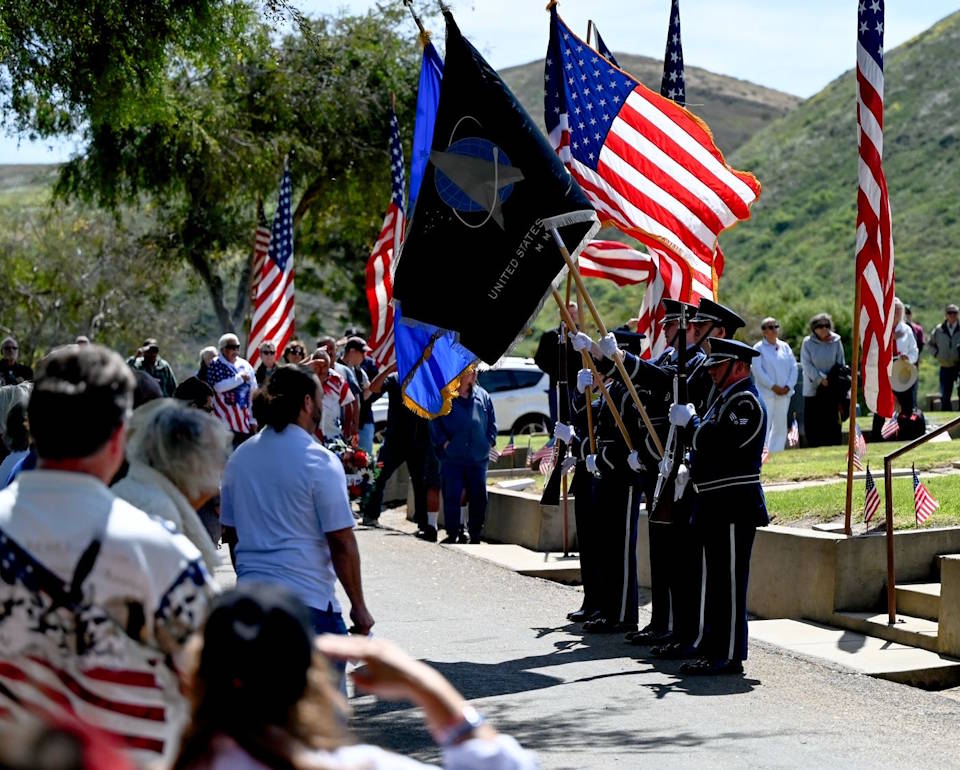 May 26, 2025 - Vandenberg Space Force Base Honor Guard posts colors during a Memorial Day ceremony at Lompoc, California. Memorial Day is celebrated to reflect and pay tribute to the men and women who lost their lives in service to the United States military. (Image created by USA Patriotism! from U.S. Space Force photo by Staff Sgt. Joshua LeRoi.)