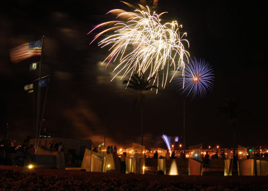 July 4, 2010 - Fireworks display illuminates the night sky over the Pearl Harbor Memorial. To celebrate Independence Day, Morale, Welfare and Recreation hosts a Block Party and Fireworks Spectacular. U.S. Navy photo by Mass Communication Specialist 1st Class Jason Swink